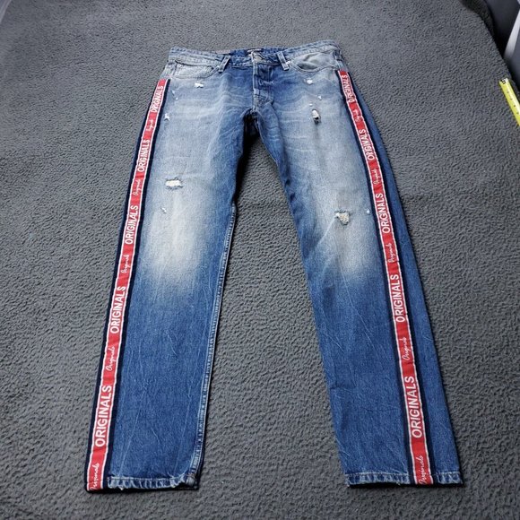 NEW Jack & Jones Fred High Rise Tapered Jeans Blue Cotton Mens Size 33 x34